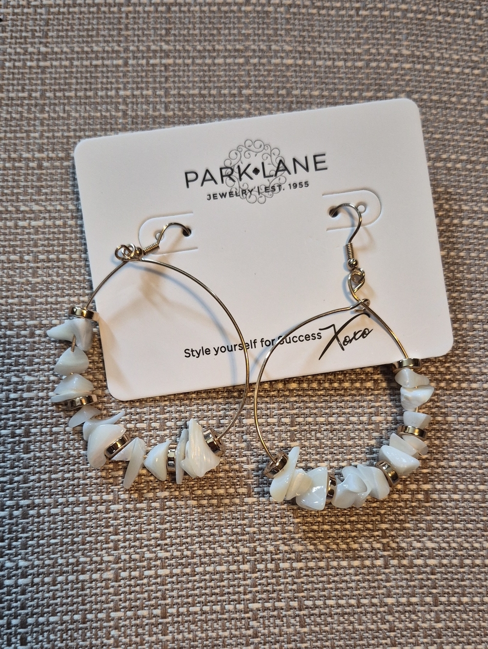 Park Lane Gold Hoop Earrings with White Chip Beads - Picture 1 of 2